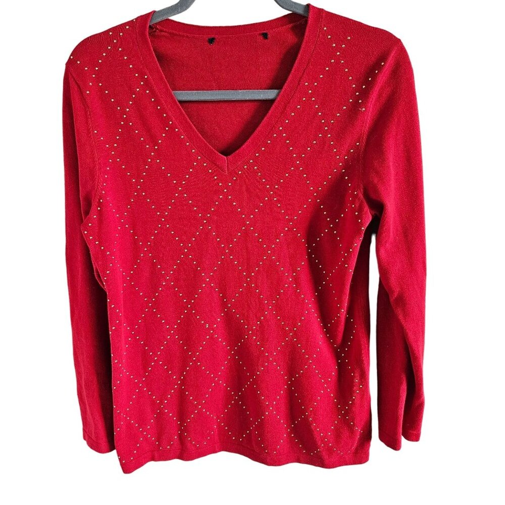 Tommy Hilfiger Woman Size M V-Neck Cotton Embellished with Gold Argyle Sweater